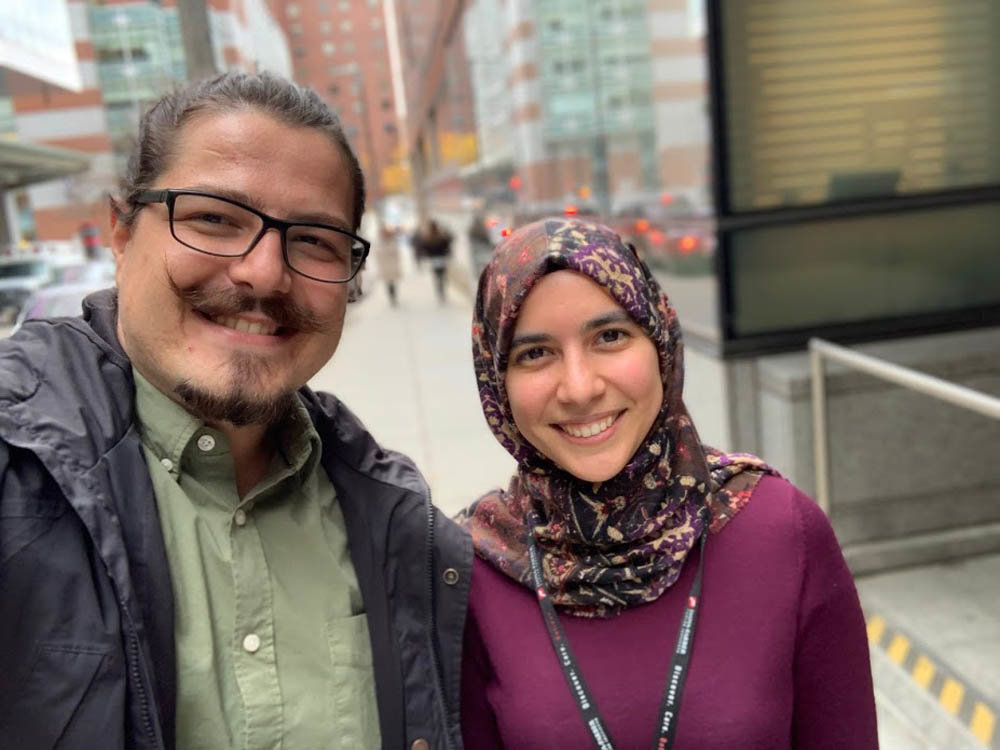 Omer Onder and Goknur Akarca meet for the first time Nov. 5, 2018, in front of Dana-Farber Cancer Institute in Boston.